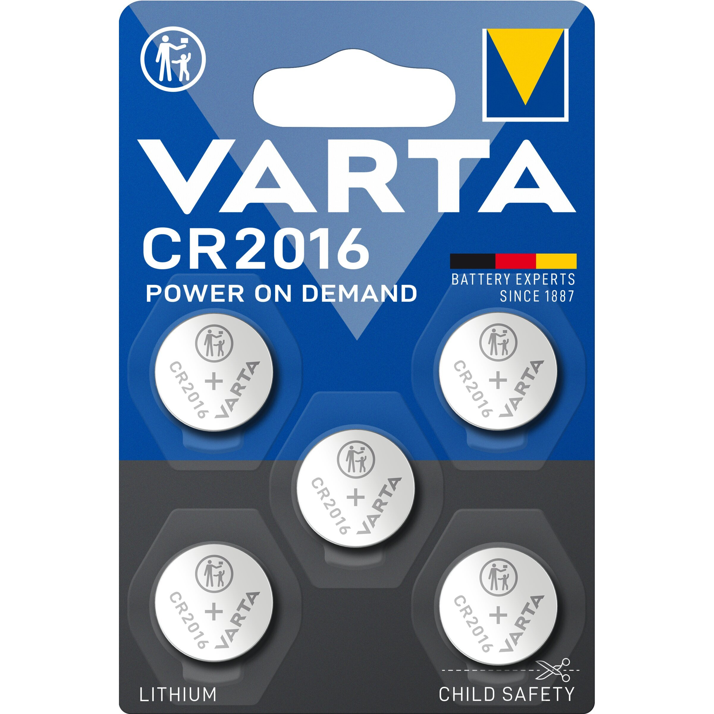 Varta CR2016 Knopfzellen-Batterien, 5er-Packung, mit Kindersicherheitskennzeichnung.