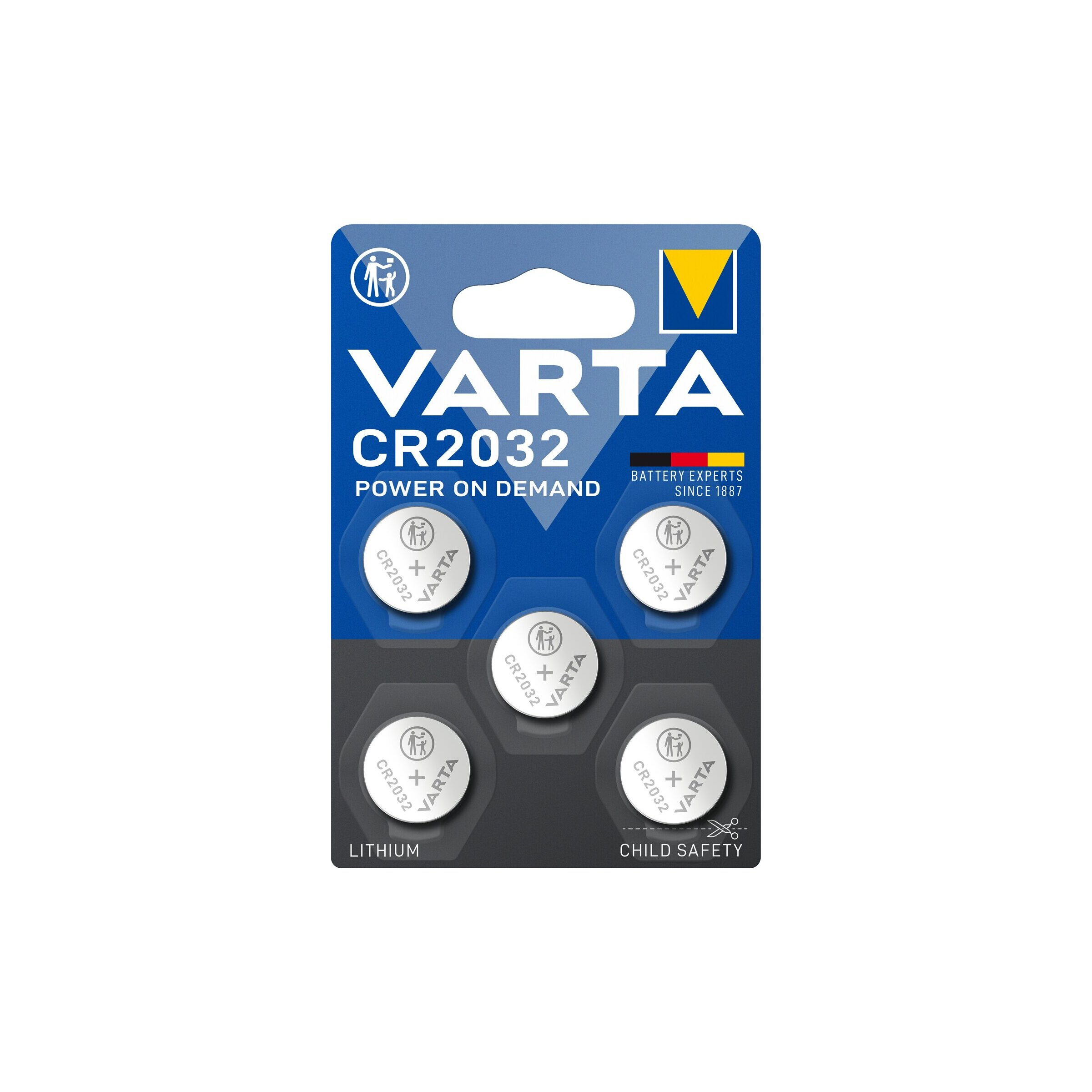 Varta CR2032 Lithium-Knopfzellen in Blisterpackung mit vier Batterien.