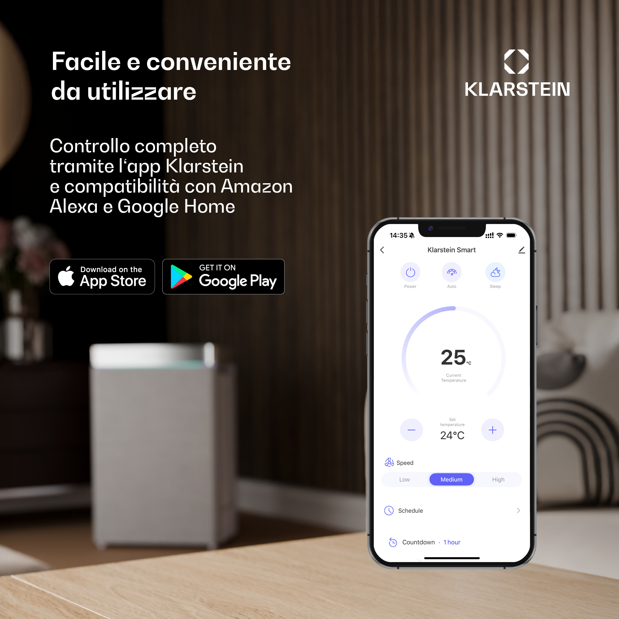 App Klarstein su smartphone mostra 25°C e velocità ventola. Facile da usare.