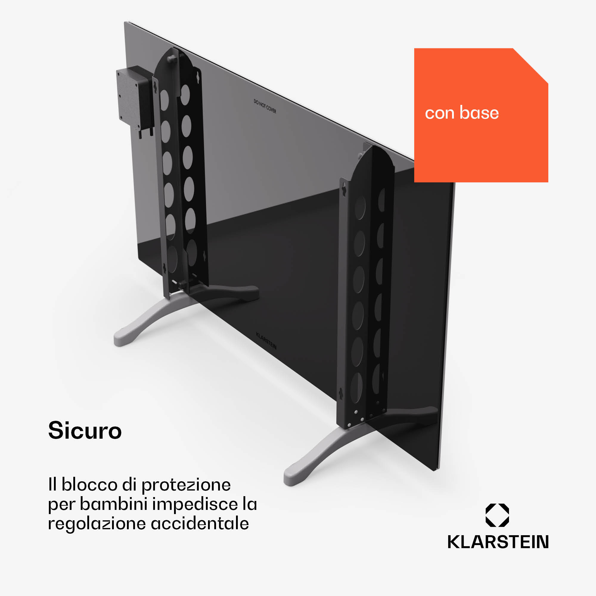 Riscaldatore nero con due piedi e un riquadro arancione 'con base'.