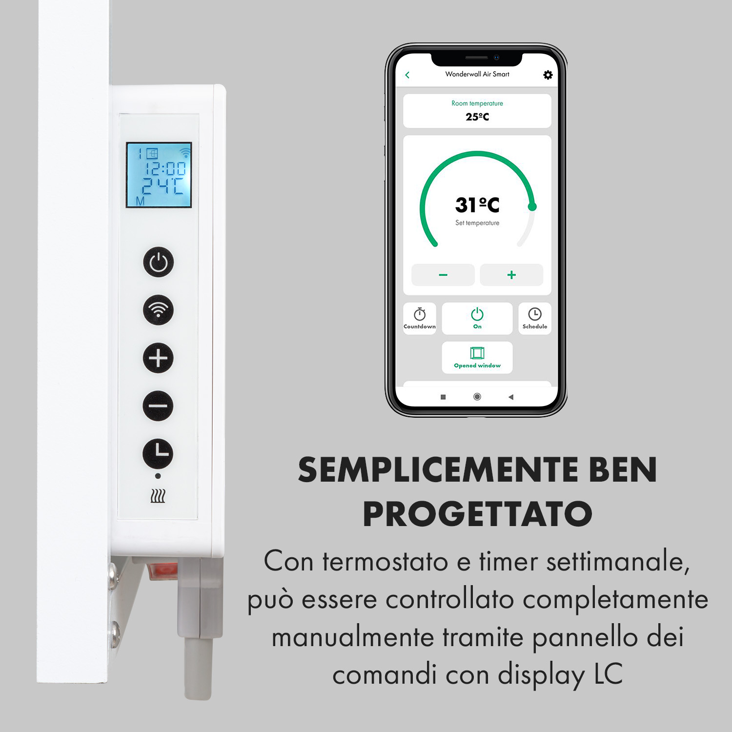 Uno smartphone mostra i controlli del riscaldamento accanto a un pannello di controllo del radiatore.