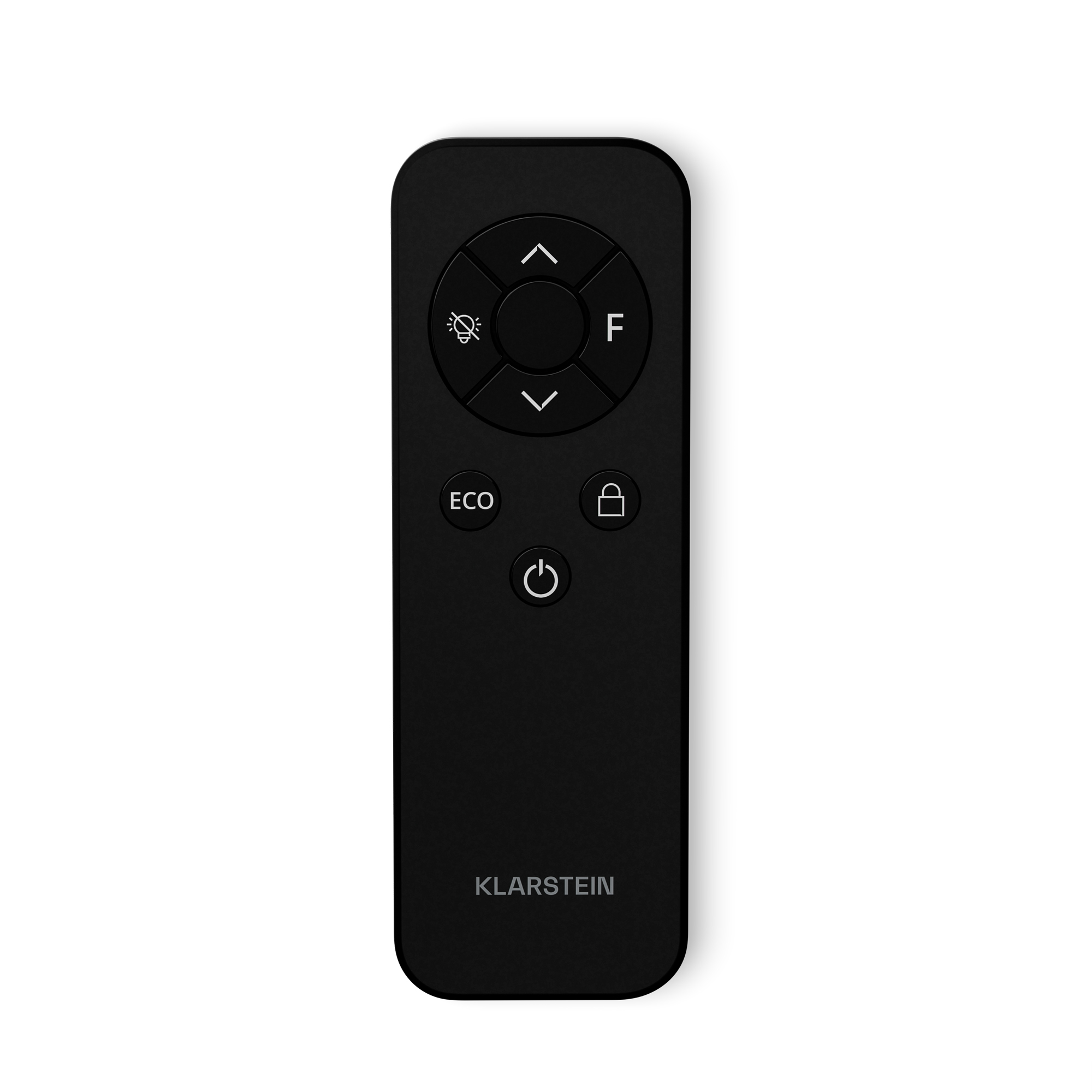 Telecomando nero con pulsanti direzionali, luce, F, ECO e icone di accensione.