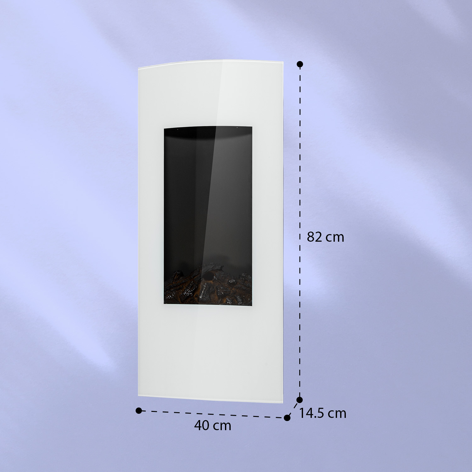 Un camino elettrico moderno bianco con frontale in vetro e tronchi finti. Dimensioni: 82x40x14,5 cm.