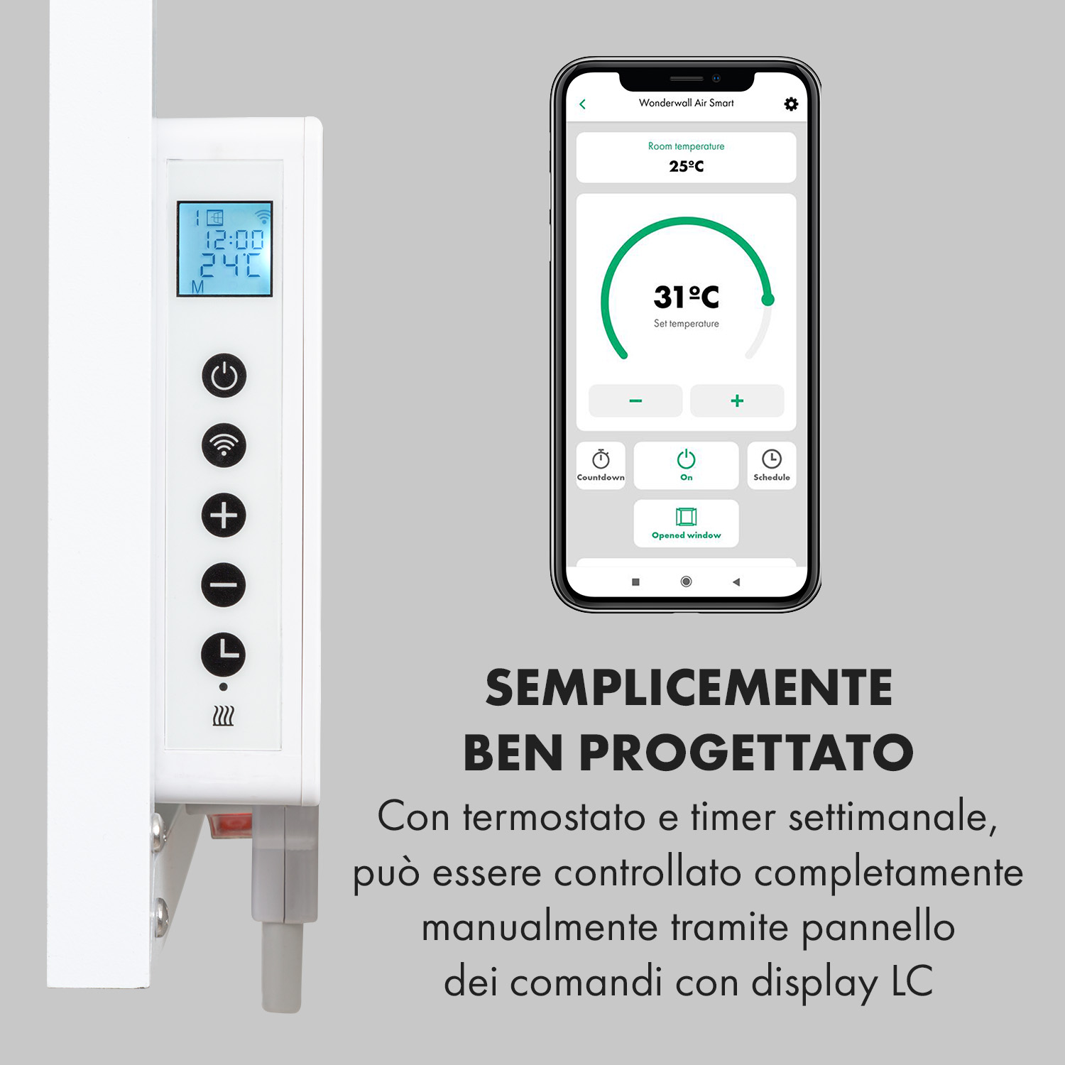 Un radiatore bianco con display LC e uno smartphone che mostra un'app di controllo temperatura.