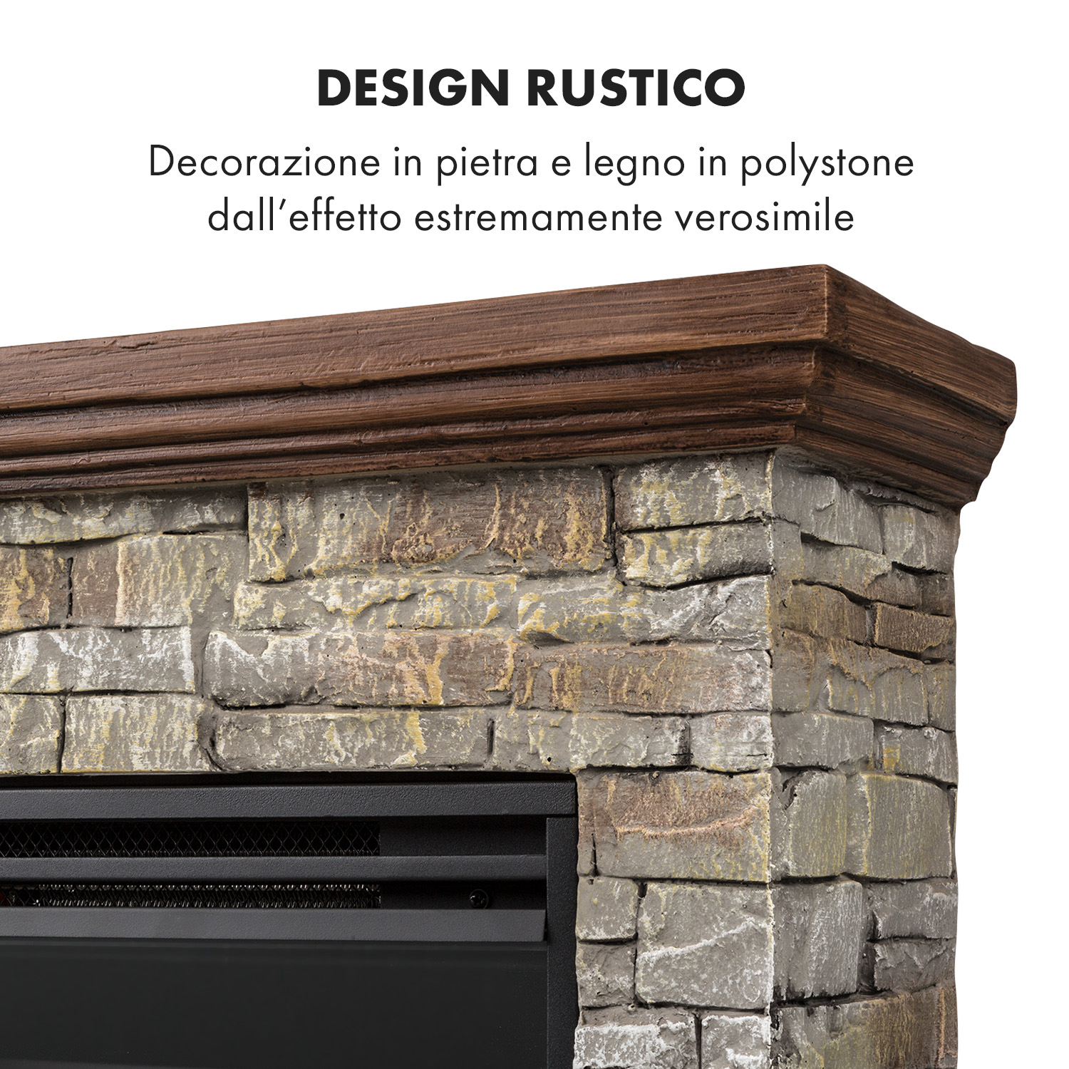 Design rustico: Decorazione in pietra e legno in polystone.