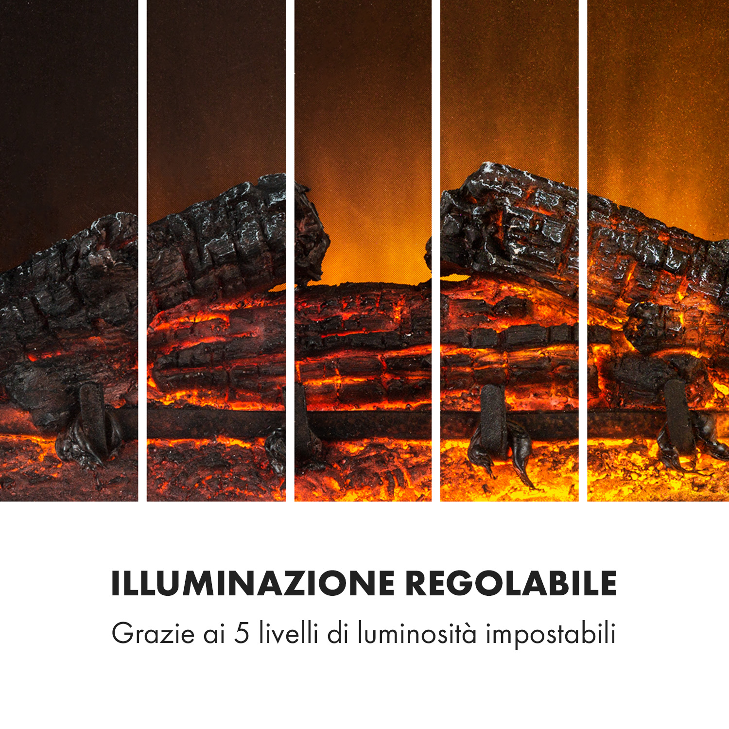 Legna simulata con fiamme arancioni brillanti e braci. Cinque livelli.