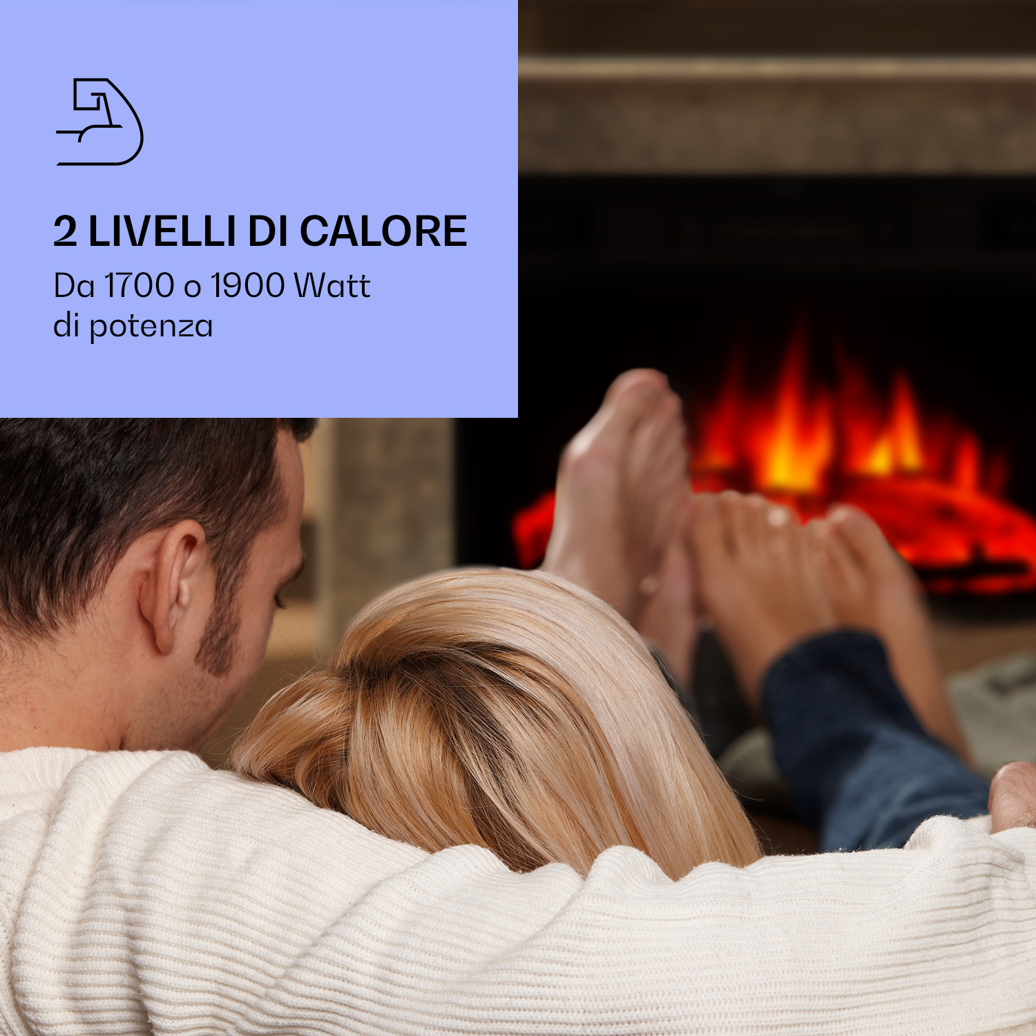 Coppia scalda i piedi davanti al camino. Testo su 2 livelli calore.