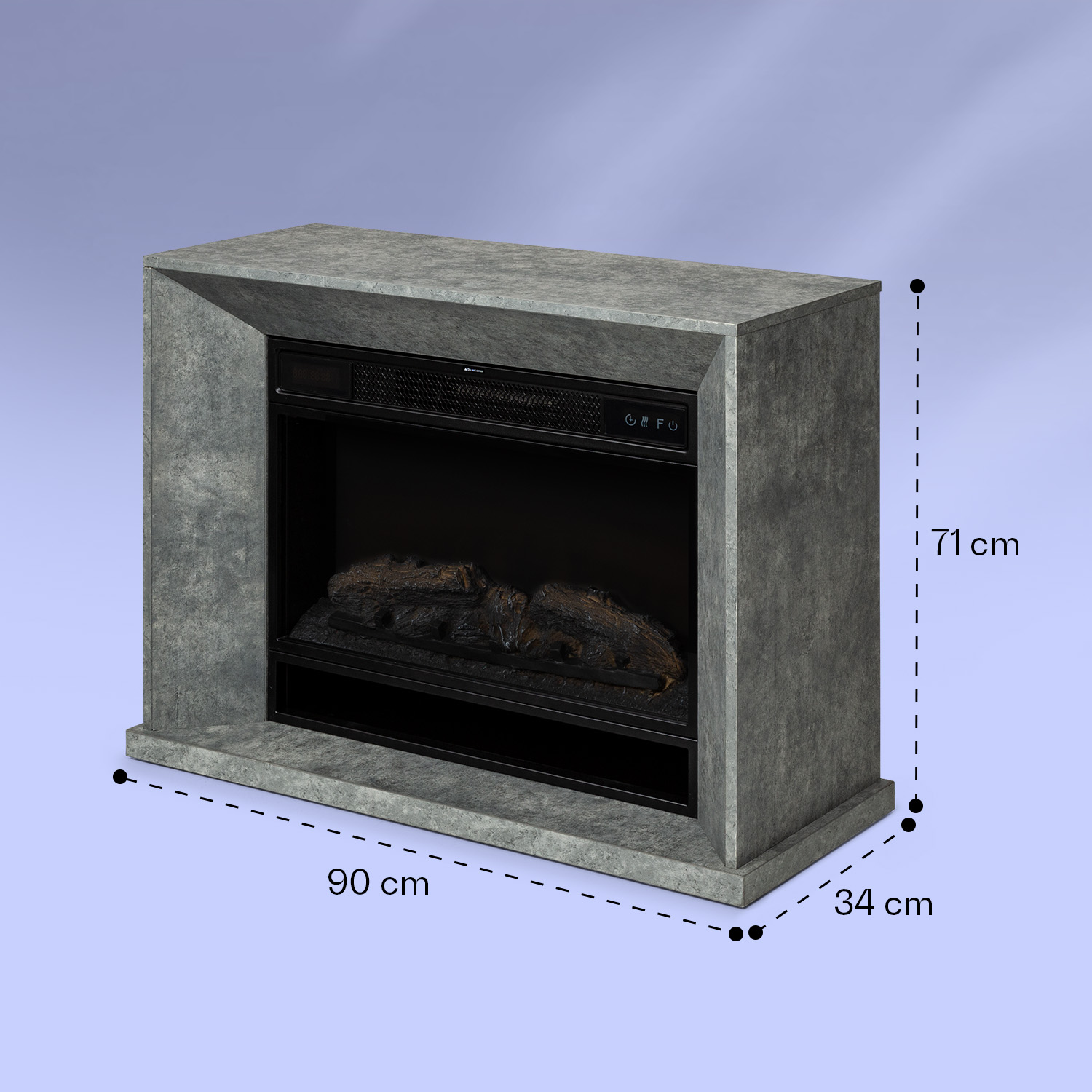 Camino grigio con tronchi effetto legno e controlli digitali. Dimensioni: 90x34x71 cm.