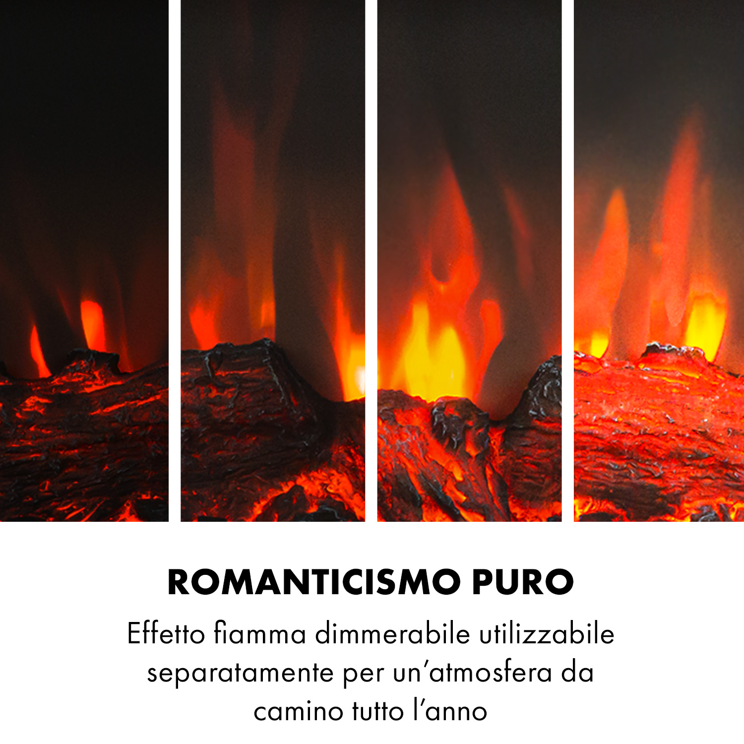 Quattro immagini mostrano fiamme artificiali su legno, da deboli a vivaci.