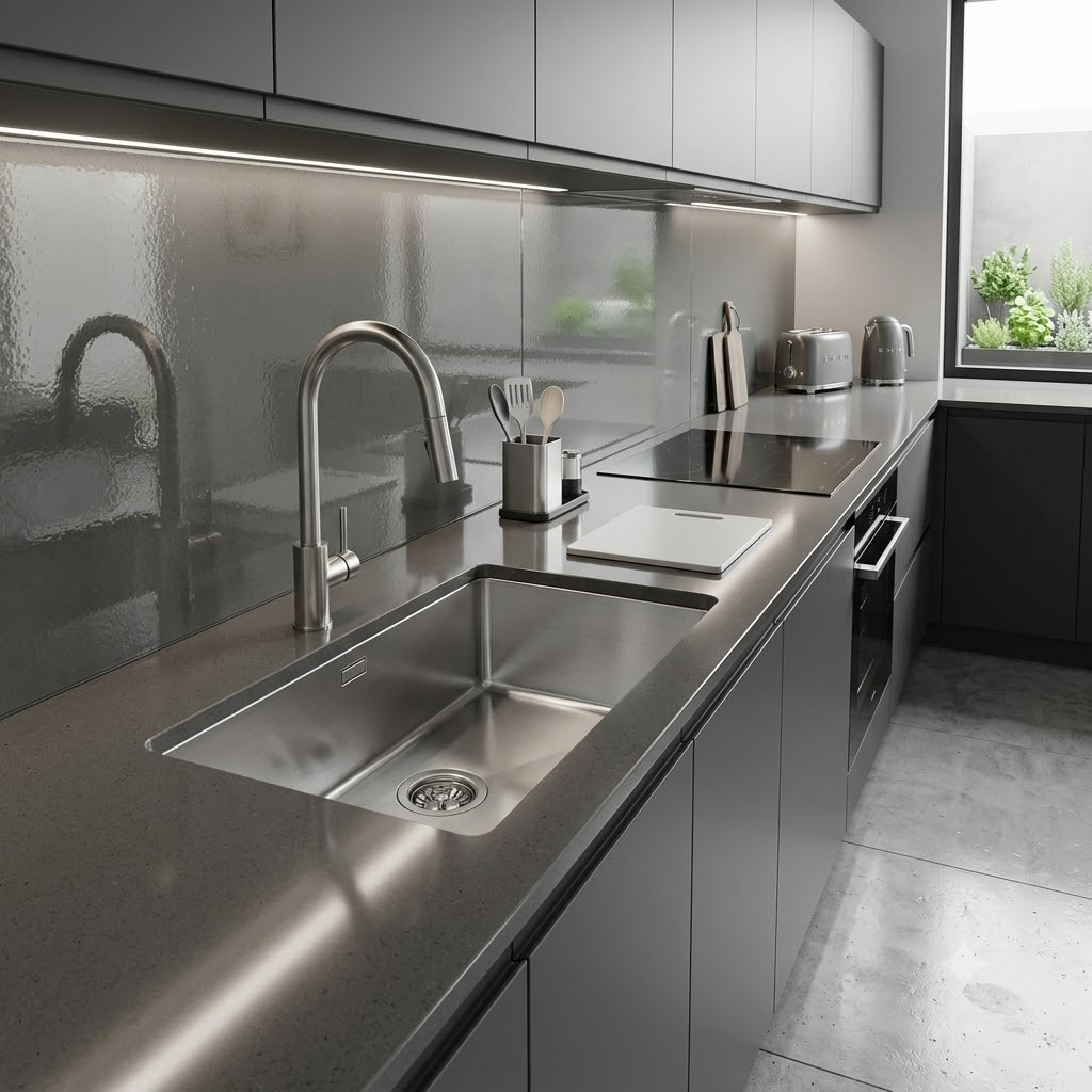 Cucina moderna con lavello, rubinetto, piano cottura ed elettrodomestici.