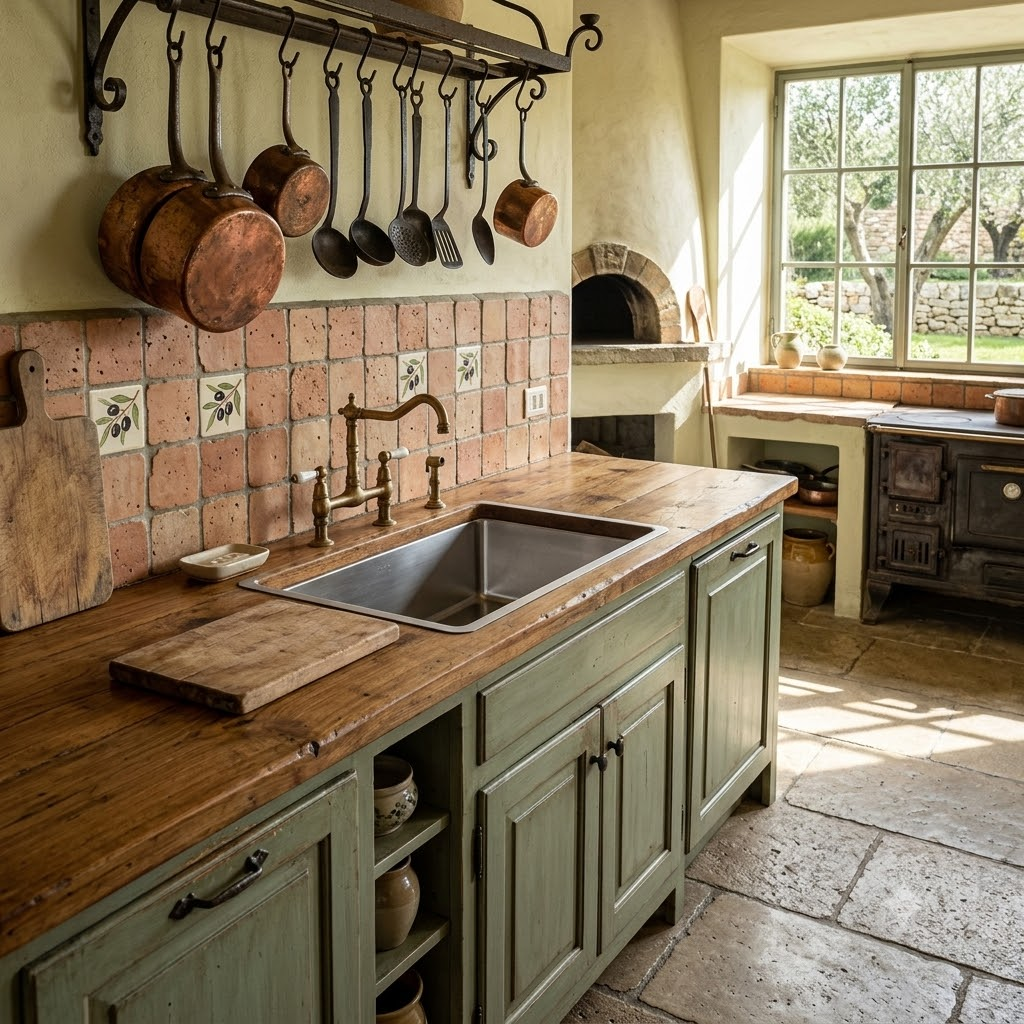 Cucina rustica con pentole in rame, paraschizzi piastrellati, banconi in legno, armadi verdi e vista finestra.