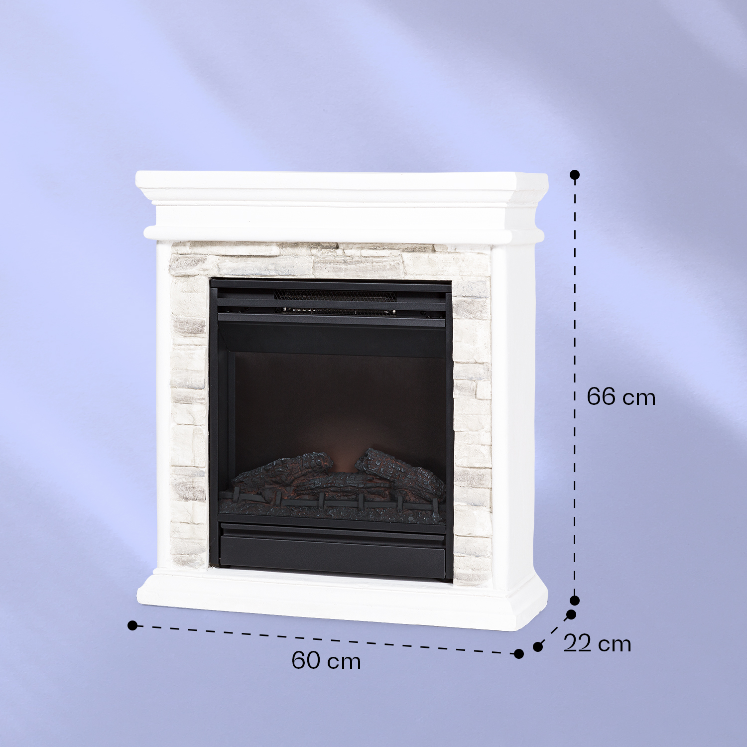 Camino bianco con cornice in pietra, ceppi elettrici, 60cm L x 22cm P x 66cm A.