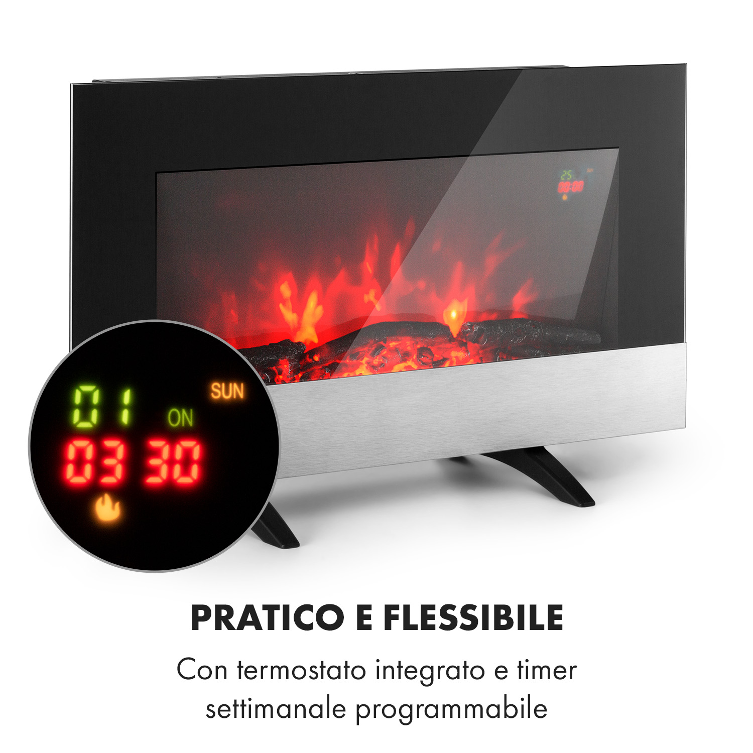 Camino elettrico con fiamme realistiche e display digitale di ora e temperatura.