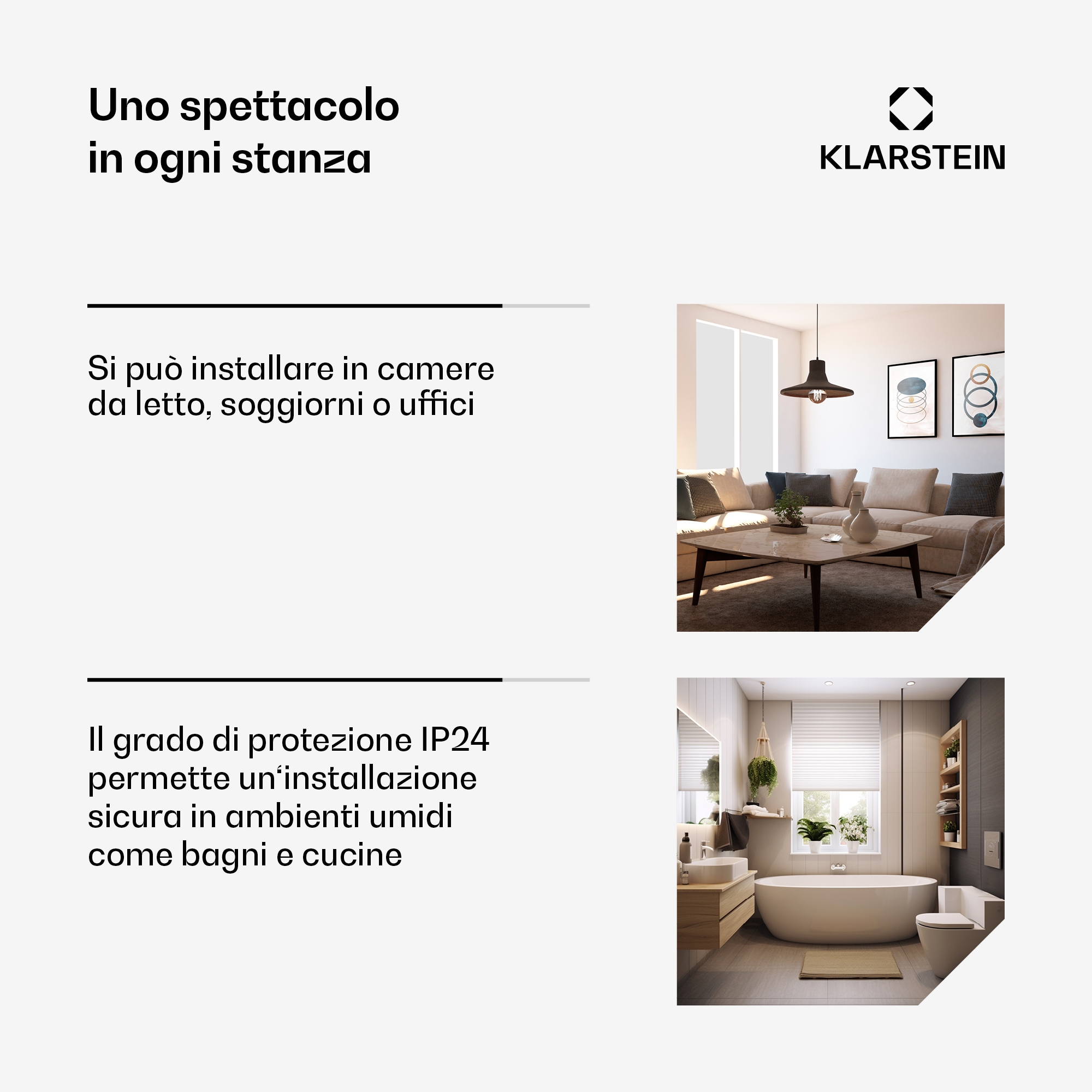 Soggiorno con divano, tavolino e arte. Bagno con vasca, lavabo e WC.