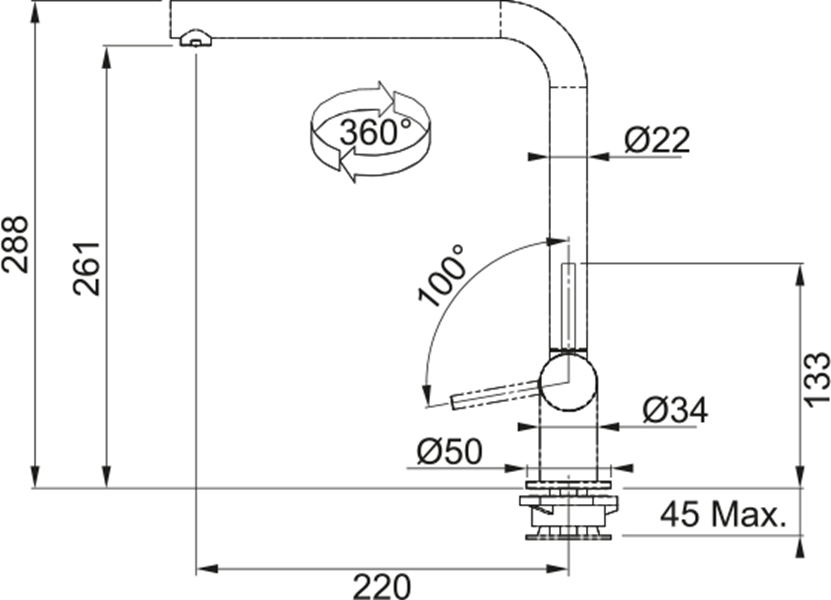 Disegno tecnico di un rubinetto da cucina con dimensioni e angoli.