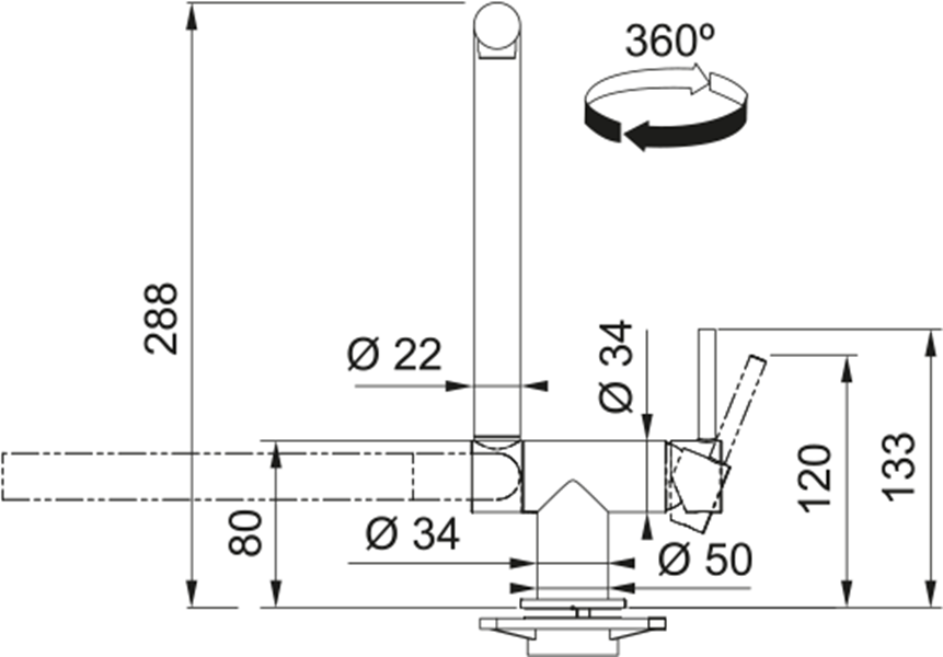 Disegno tecnico di un rubinetto con dimensioni e simbolo di rotazione 360°.