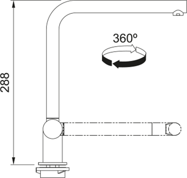 Disegno tecnico di un rubinetto con dimensioni e indicatore di rotazione a 360 gradi.