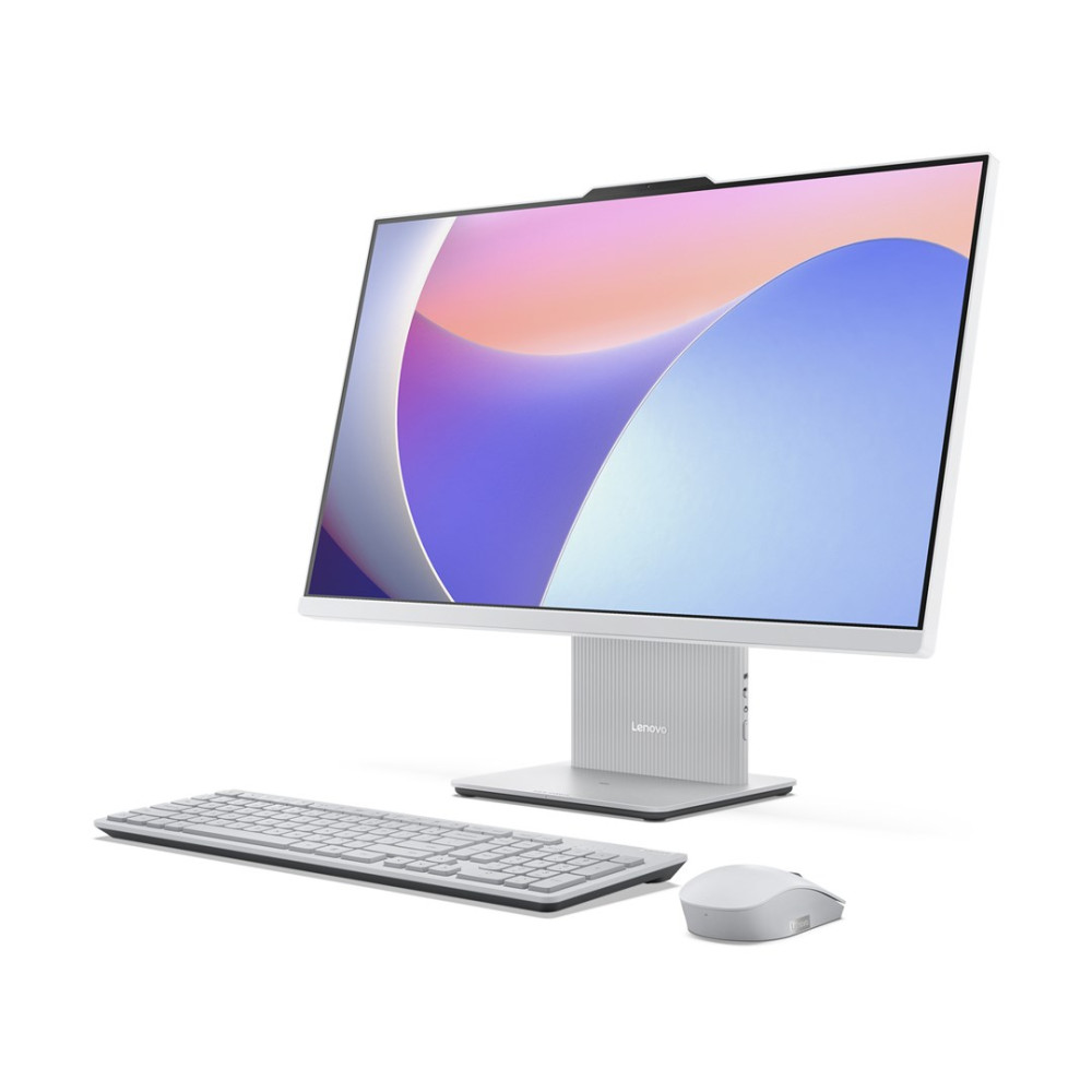 Biały komputer All-in-One Lenovo z klawiaturą i myszką na białym tle.