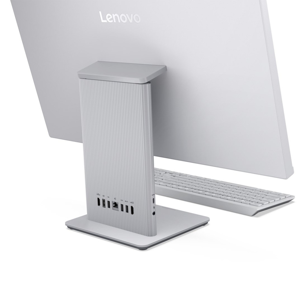 Tył białego komputera All-in-One Lenovo z klawiaturą i portami.