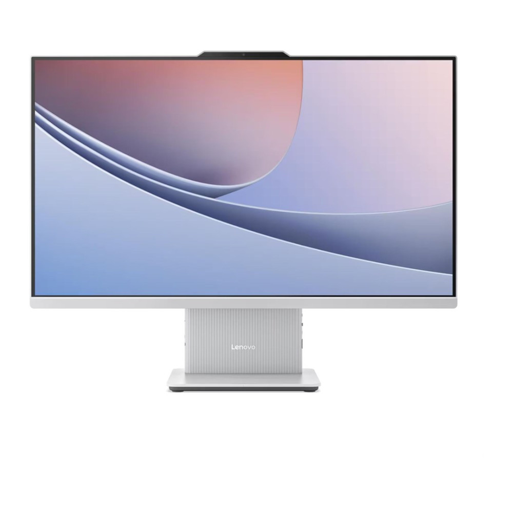 Biały komputer typu "wszystko w jednym" z logo Lenovo na podstawie.