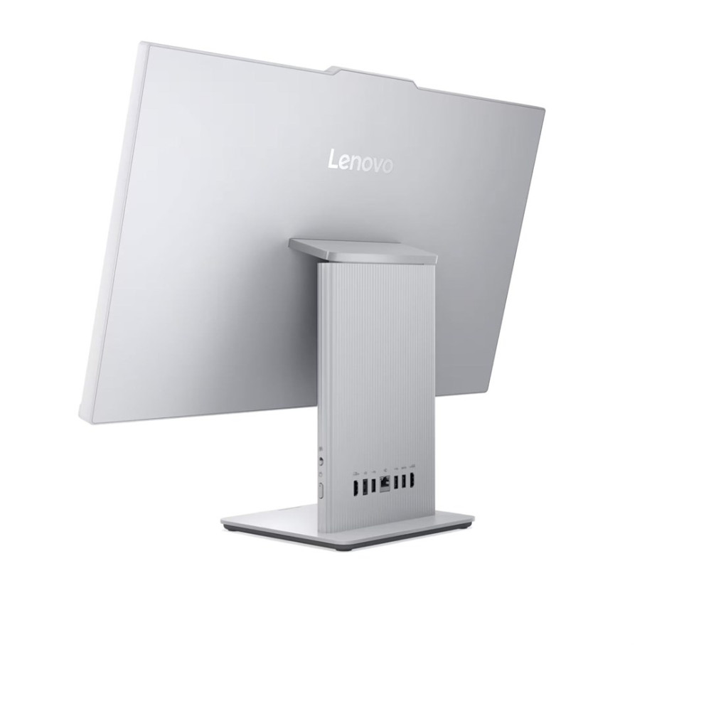 Tył srebrnego komputera All-in-One Lenovo z portami.