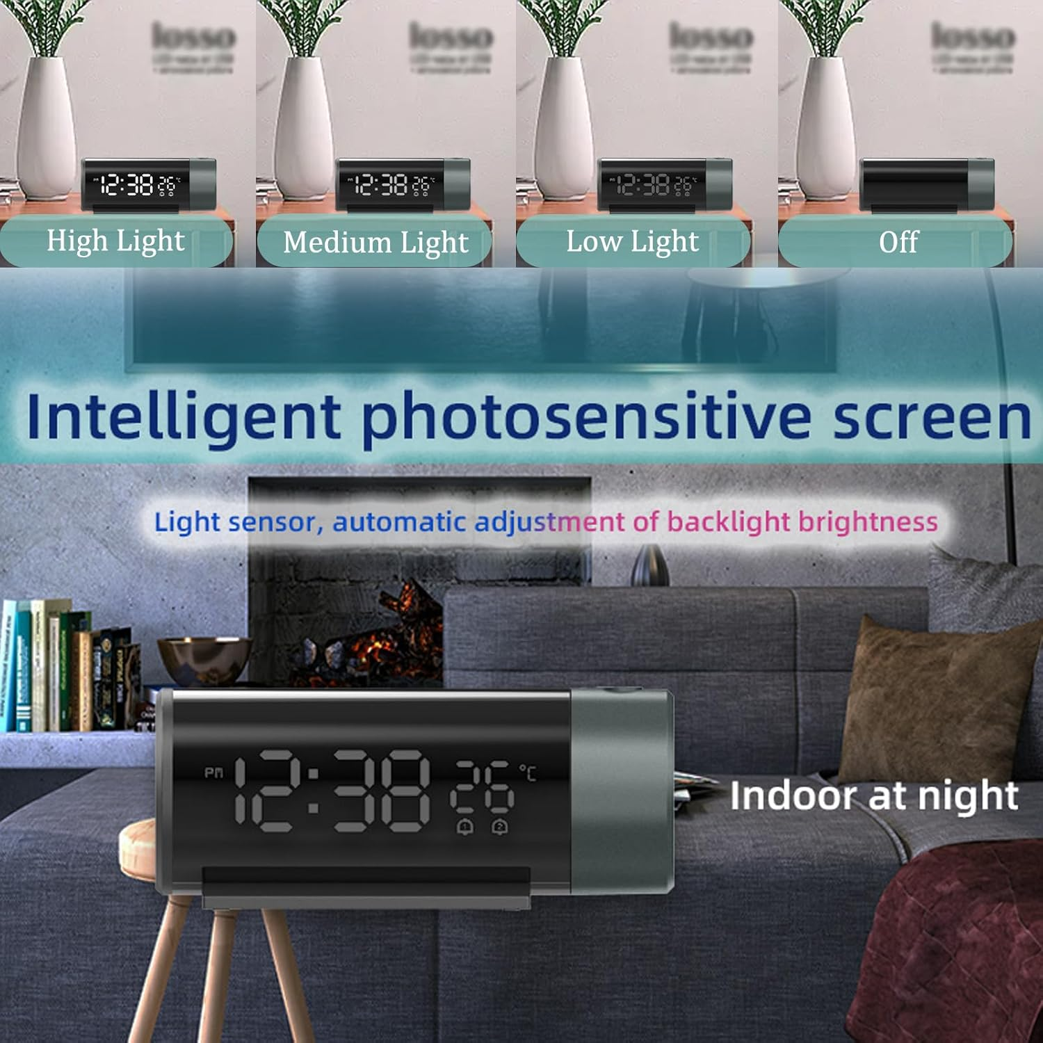 Digitaluhr mit beleuchtetem Display, zeigt 12:38 und 26°C, auf einem Sofa.