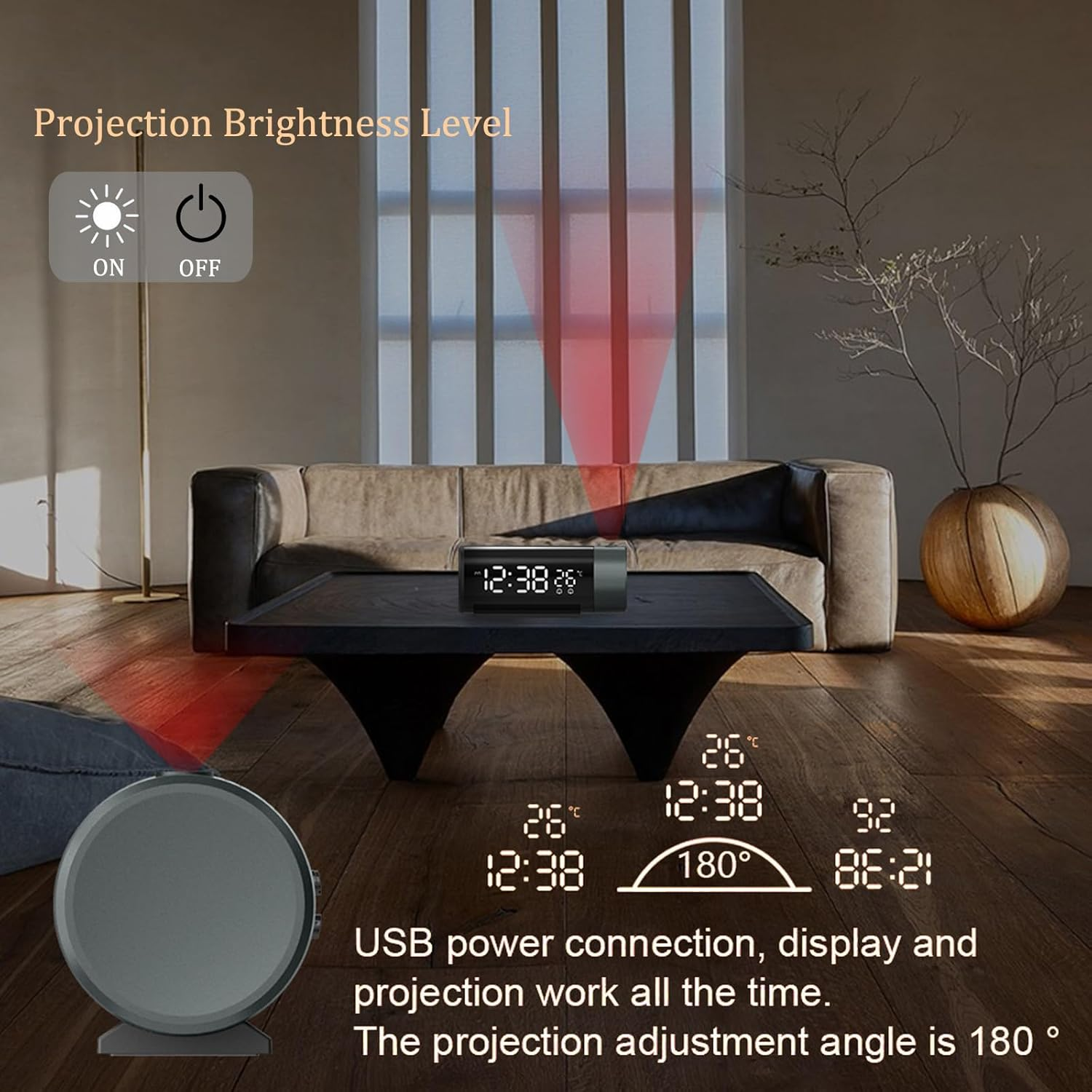 Ein Projektionswecker mit digitalen Anzeigen und roten Lichtstrahlen auf einem Sofa.