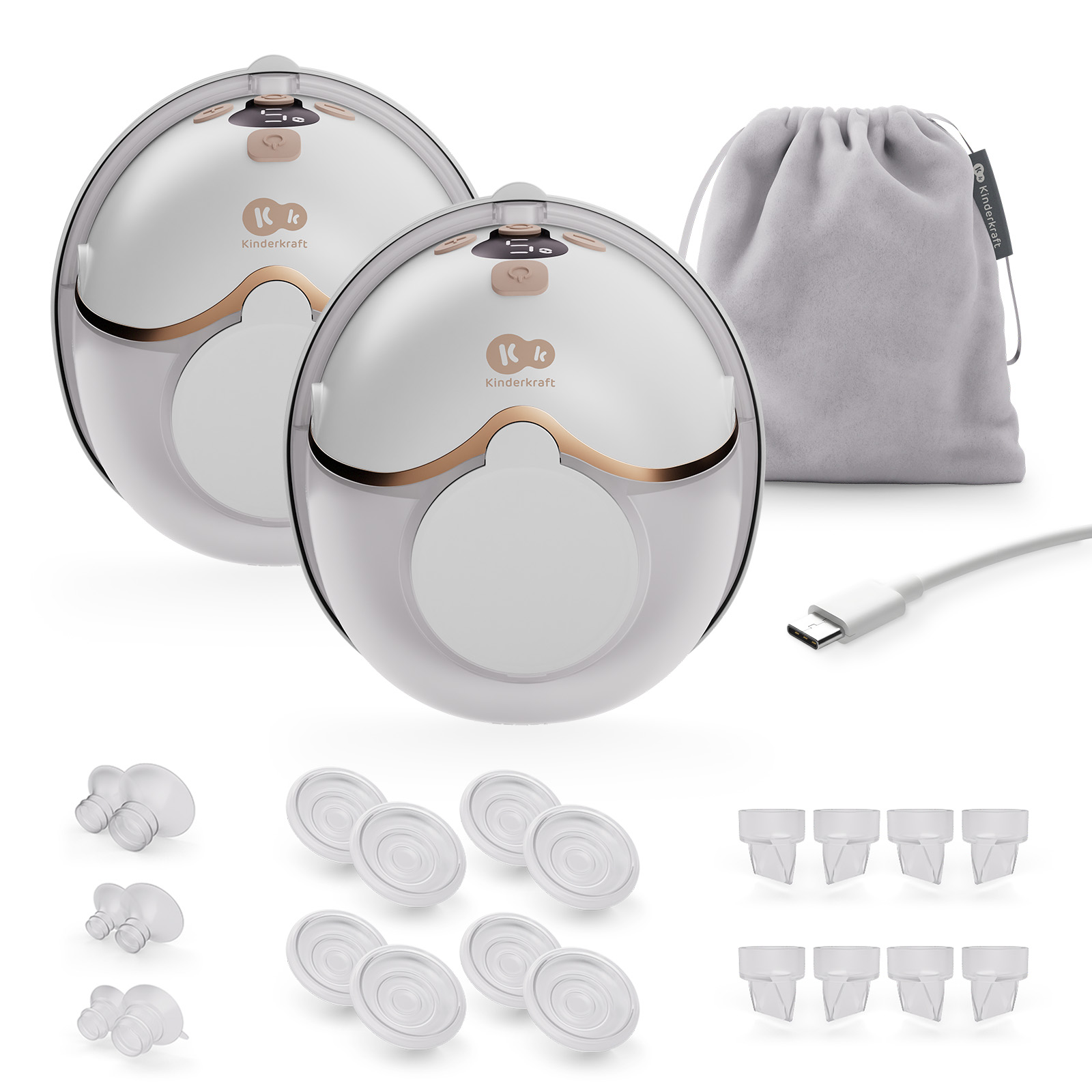 Zwei weiße Milchpumpen mit Zubehör: USB-Kabel, Aufbewahrungsbeutel, Ventile, Membranen.