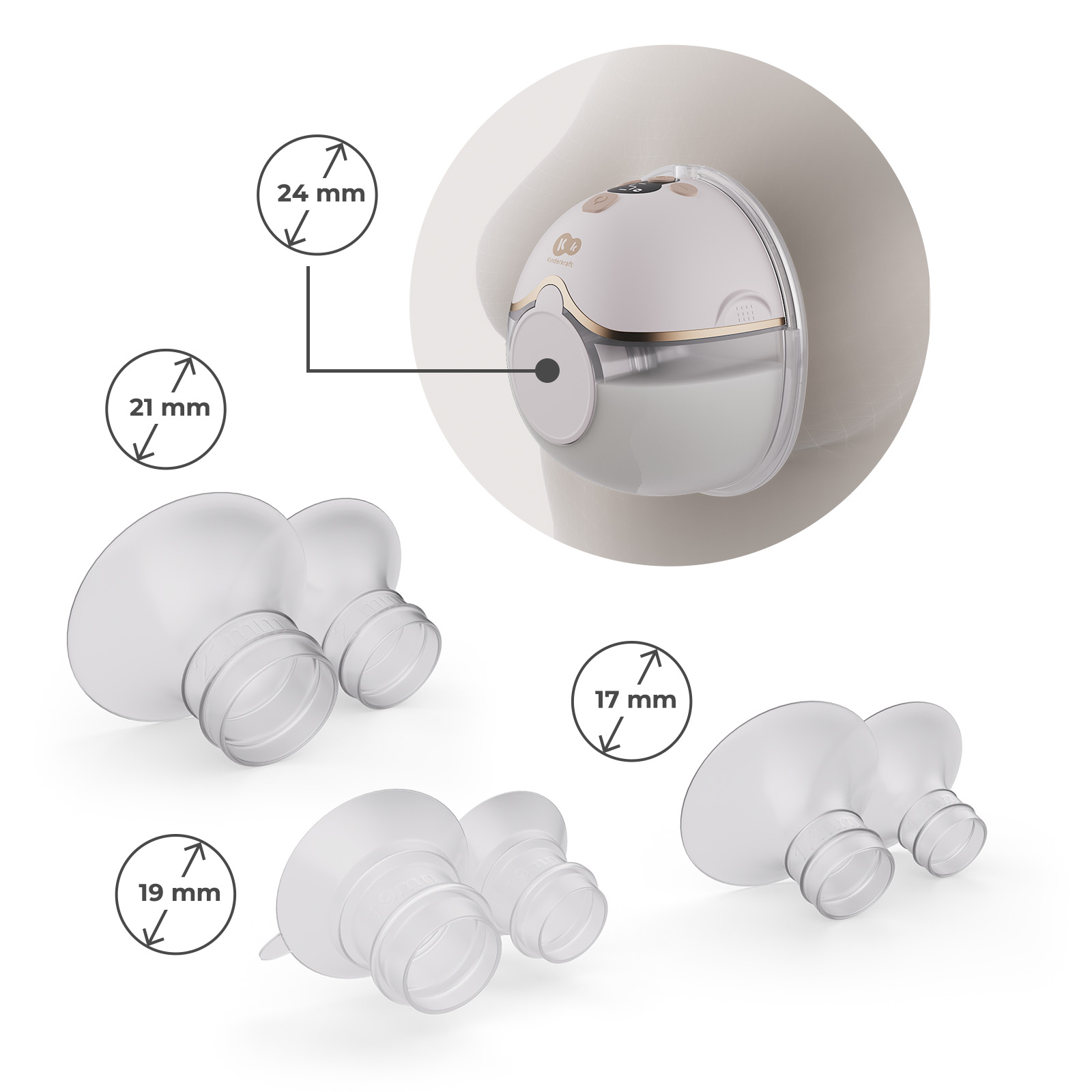 Milchpumpe mit verschiedenen Größen von Flanschen: 24mm, 21mm, 19mm, 17mm.