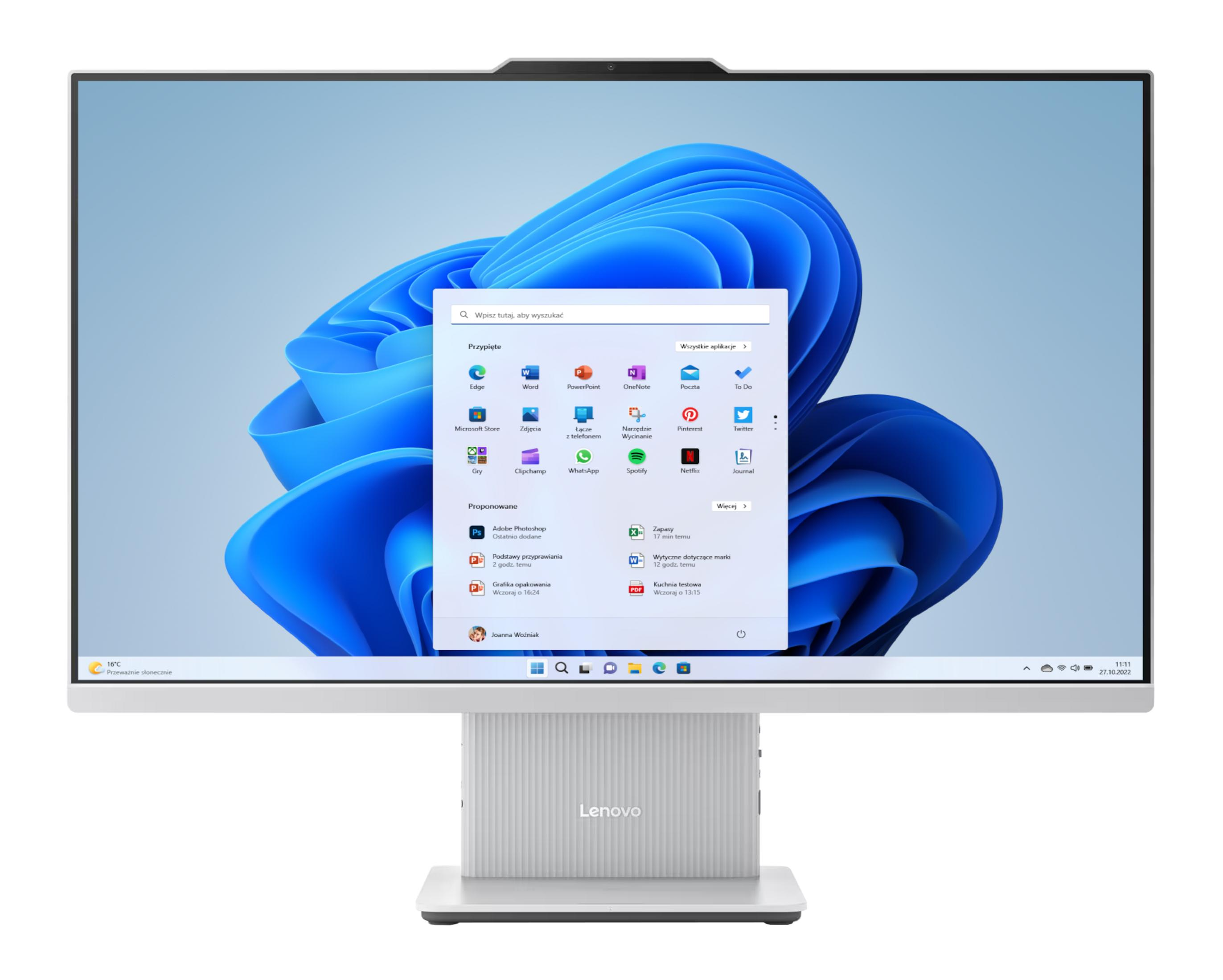 Un PC All-in-One Lenovo che mostra il menu Start di Windows 11 con sfondo a onda blu.