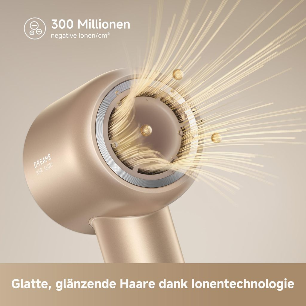 Ein goldener Haartrockner mit Luftstrom und Wassertropfen. 300 Mio. negative Ionen.