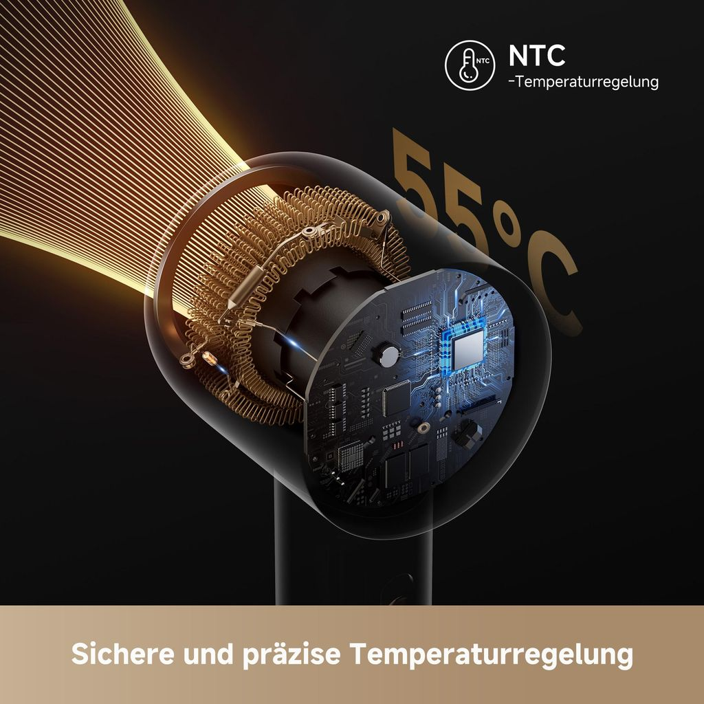 Detailansicht eines Haartrockners mit Heizspirale und Platine. 55°C.