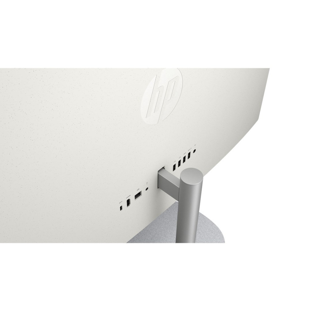 Tył białego monitora HP z portami i srebrną podstawą.