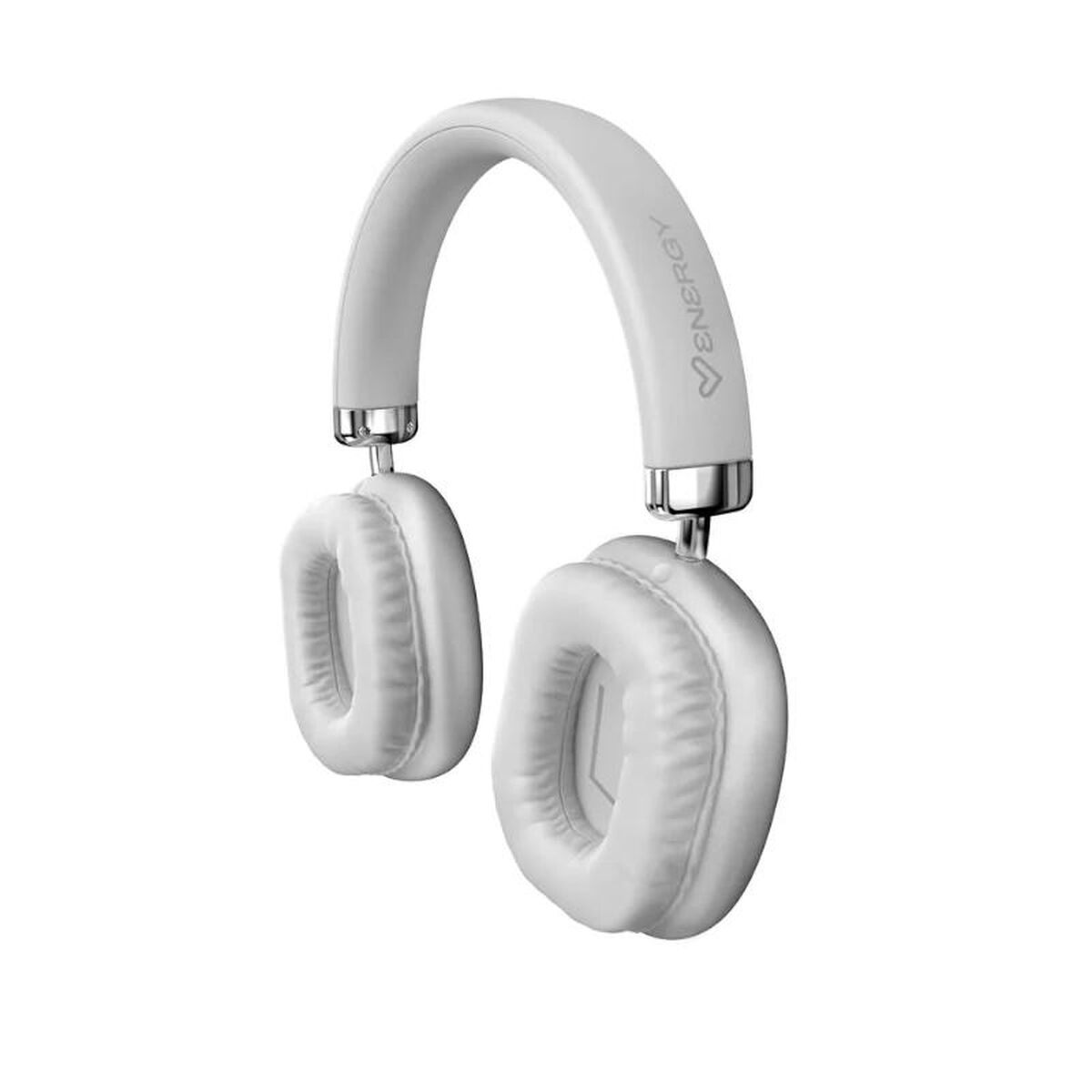 Auriculares blancos con almohadillas acolchadas y diadema curva con logo.