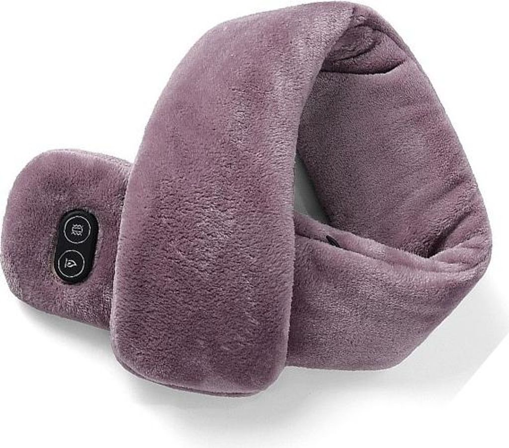 Lila Nackenmassagegerät mit Bedienelementen und weichem Stoff.