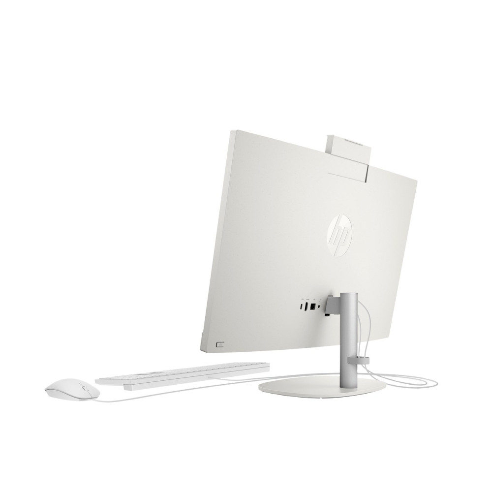 Widok z tyłu białego komputera HP all-in-one z klawiaturą i myszką.