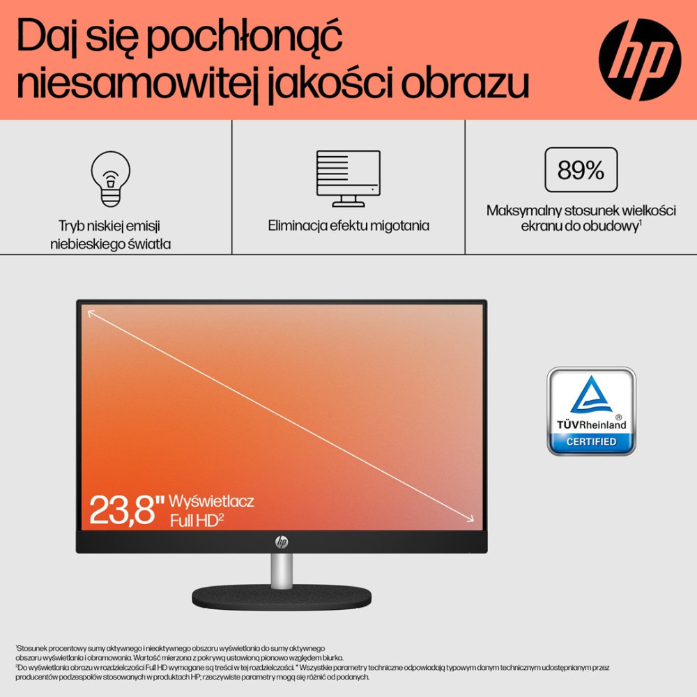 Monitor HP: 23,8" Full HD, niski poziom emisji niebieskiego światła, bez migotania, 89% ekranu.