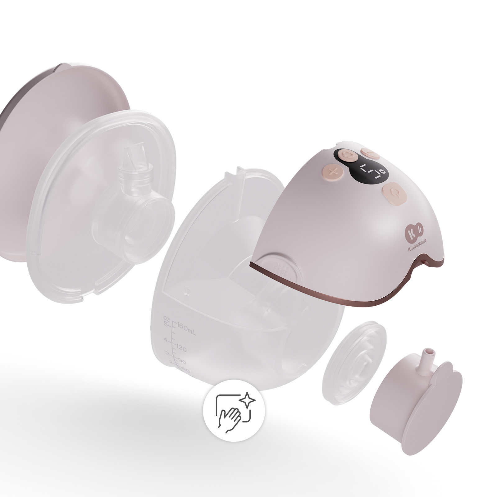 Zerlegte Milchpumpe: Behälter, Flansch, Motor und Ventil in Rosa und Transparent.