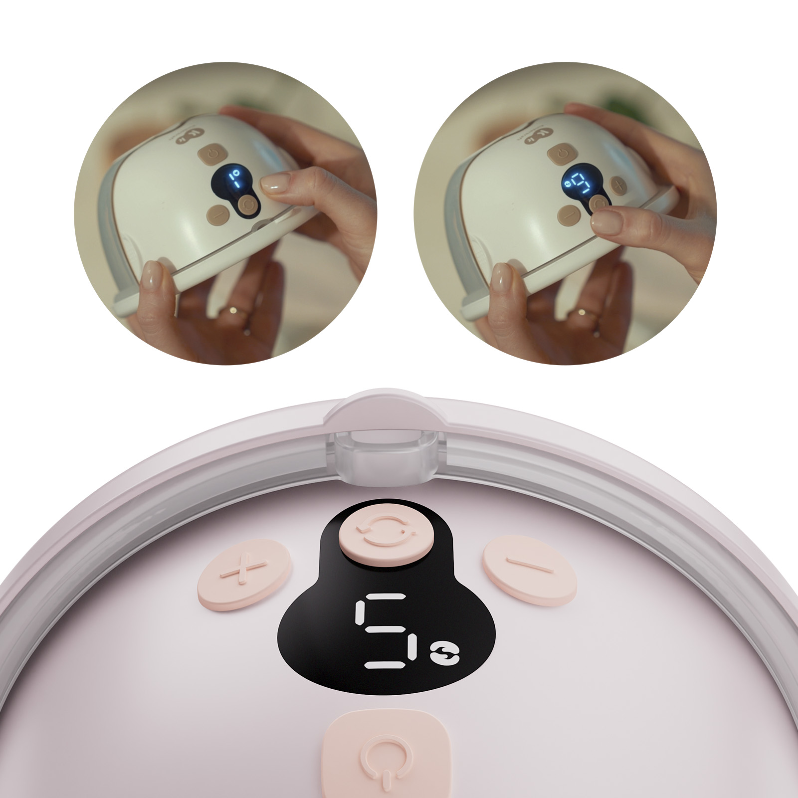 Nahaufnahme eines rosa Milchpumpen-Bedienfelds mit digitaler Anzeige und Tasten.
