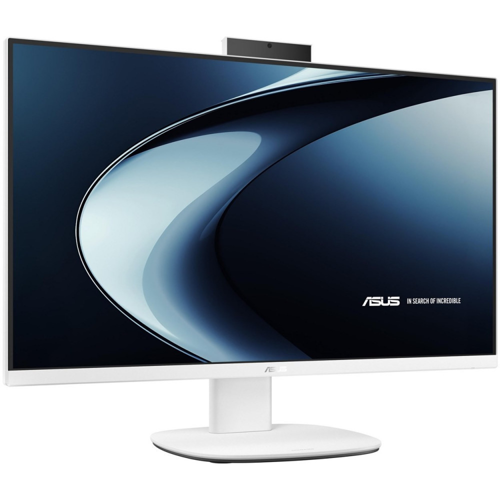 Biały monitor Asus z kamerą internetową na górze, wyświetlający abstrakcyjne niebieskie tło.