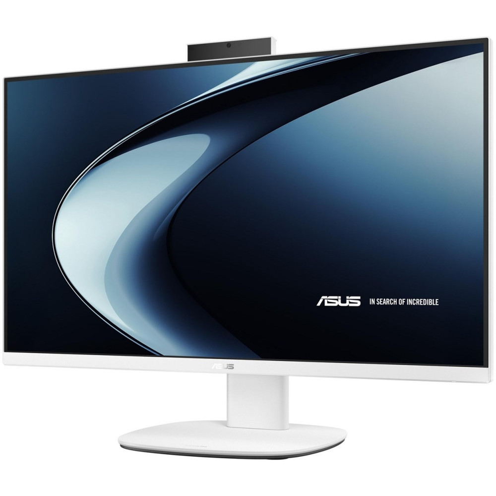 Biały komputer All-in-One ASUS ze zintegrowaną kamerą i niebieskim tłem.