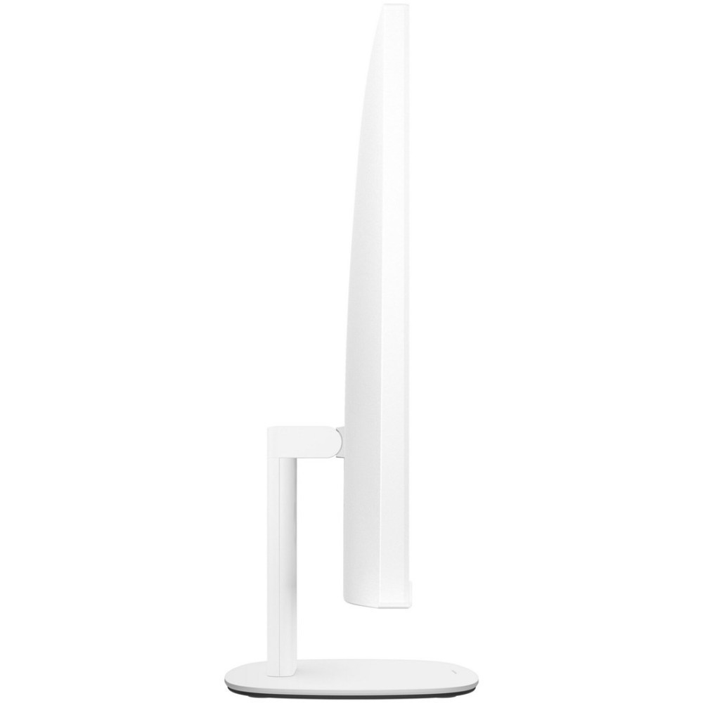 Widok z boku smukłego, białego monitora z minimalistyczną podstawą.
