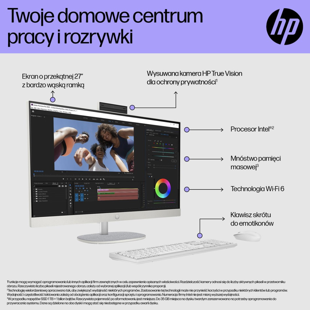 Komputer All-in-One HP z ekranem 27 cali, wysuwaną kamerą, procesorem Intel i Wi-Fi 6.