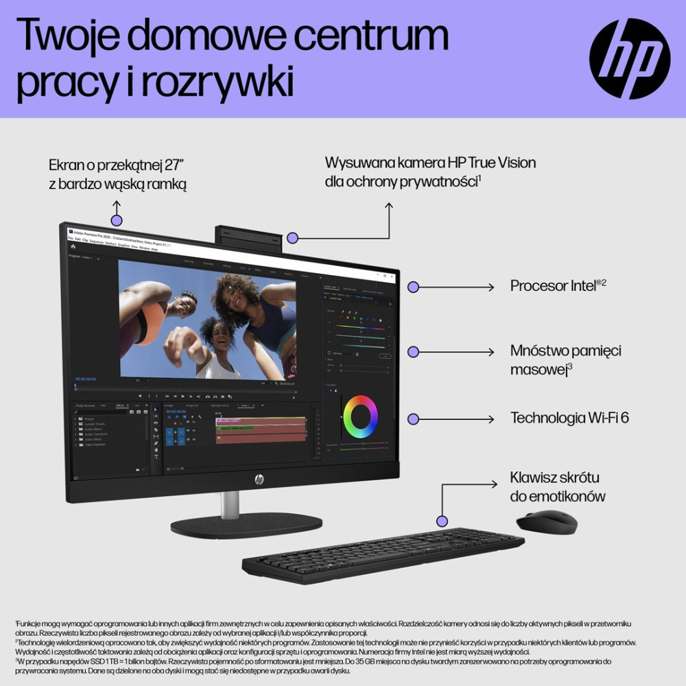 Komputer All-in-One HP z ekranem 27 cali, procesorem Intel, dużą ilością pamięci.