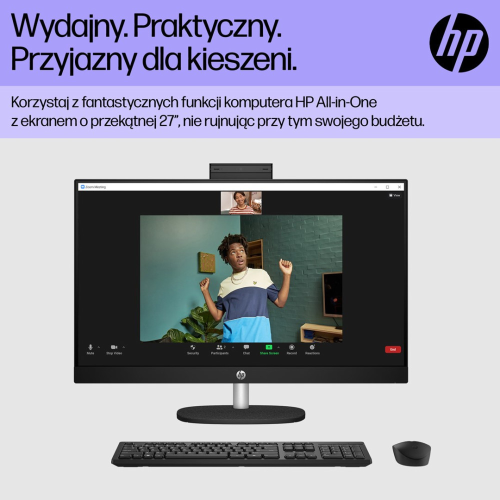 Komputer HP All-in-One z ekranem 27 cali pokazuje spotkanie Zoom z dwiema osobami.
