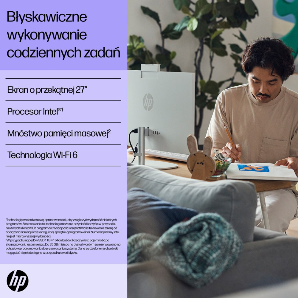 Mężczyzna rysuje przy biurku z komputerem HP All-in-One. Funkcje: ekran 27", procesor Intel, pamięć, Wi-Fi 6.