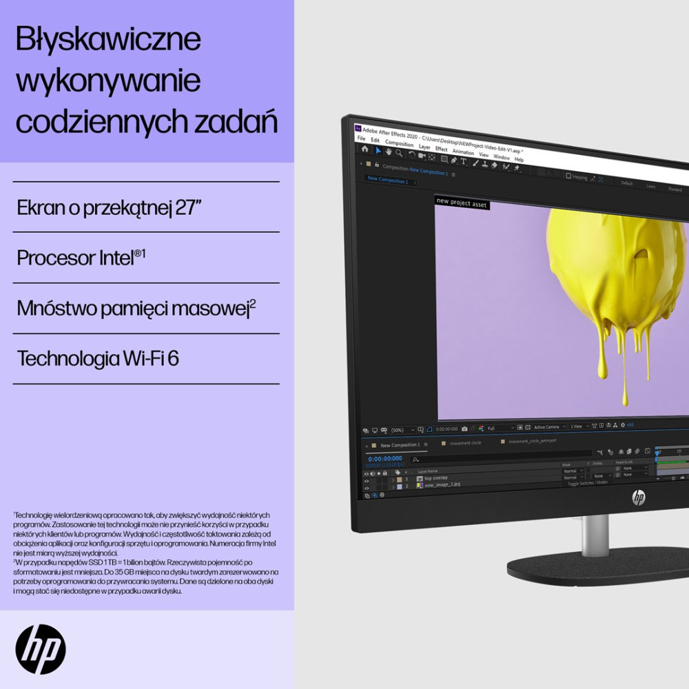 Monitor HP wyświetlający oprogramowanie z kolorowymi kształtami. Specyfikacje po lewej stronie.