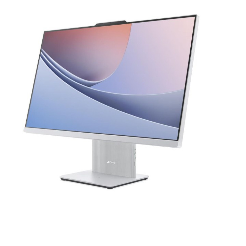 Biały komputer all-in-one Lenovo o eleganckim designie z kolorową abstrakcyjną tapetą.