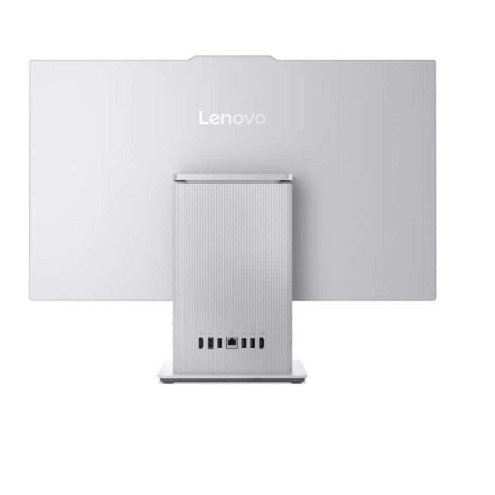 Tył białego komputera all-in-one Lenovo z portami.