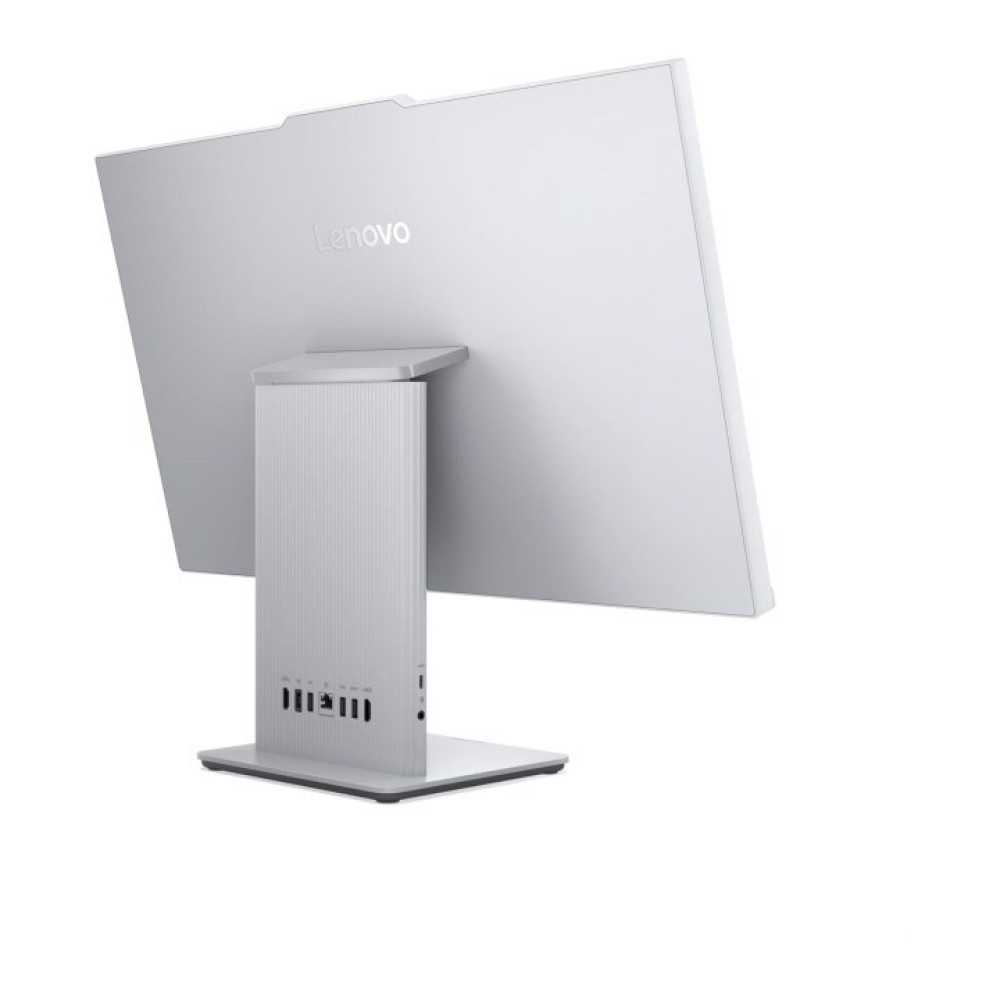 Widok z tyłu srebrnego komputera Lenovo All-in-One z portami.